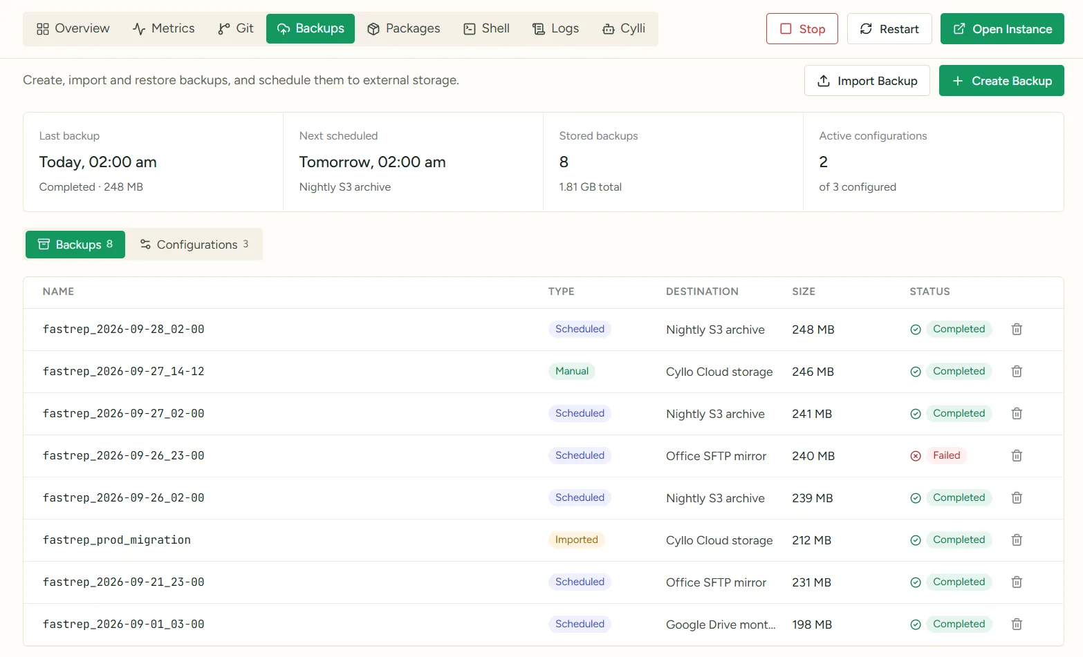Backups you can restore screen in Cyllo Cloud