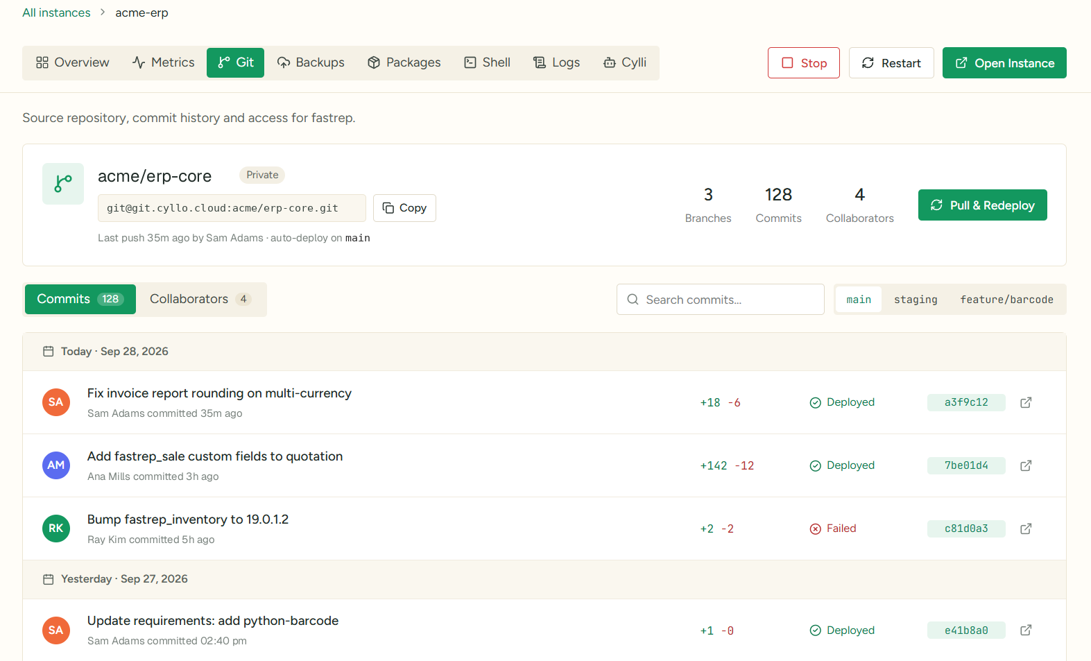 Git deployments screen in Cyllo Cloud