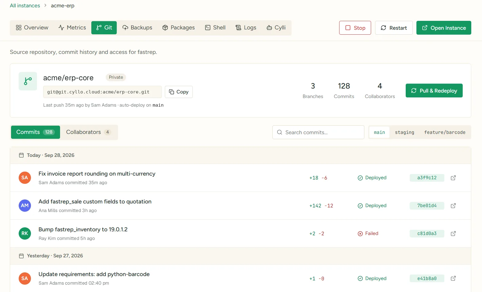 Git deployments screen in Cyllo Cloud