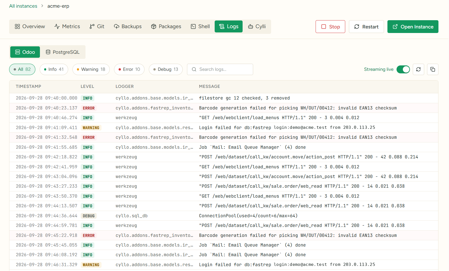 Logs, shell and packages screen in Cyllo Cloud