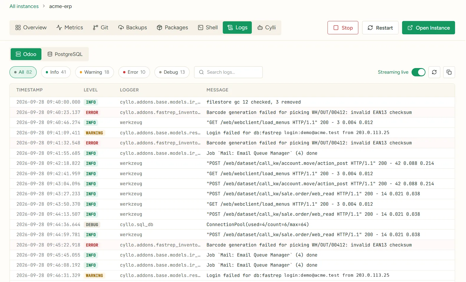 Logs, shell and packages screen in Cyllo Cloud