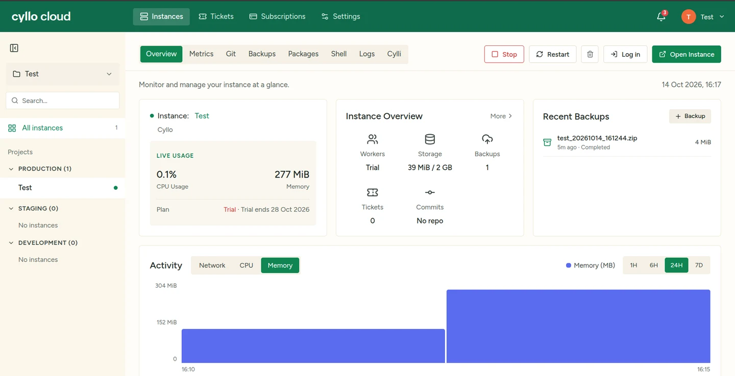 Instance overview screen